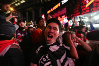 TORONTO, ON- JUNE 13 - as the Toronto fans gather in Jurassic Park to watch the Raptors play the Golden State Warriors in game six and win the NBA Finals at Oracle Arena in Oakland ouside of Scotiabank Arena in Toronto. June 13, 2019. (Steve Russell/Toronto Star via Getty Images)