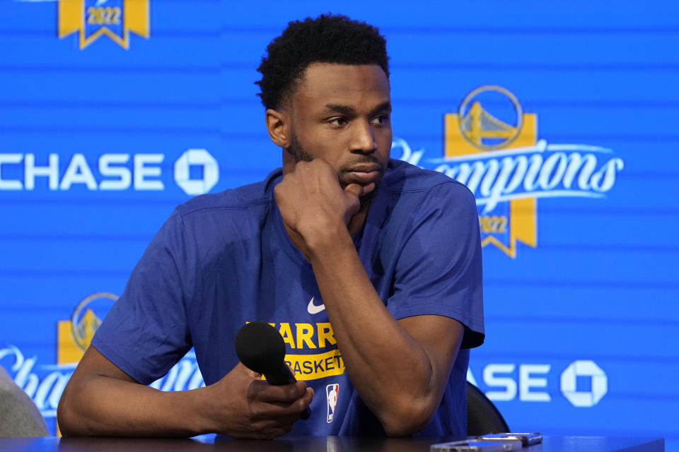 Golden State Warriors forward Andrew Wiggins takes part in a news conference before an NBA basketball game between the Warriors and the Oklahoma City Thunder in San Francisco, Tuesday, April 4, 2023. (AP Photo/Jeff Chiu)