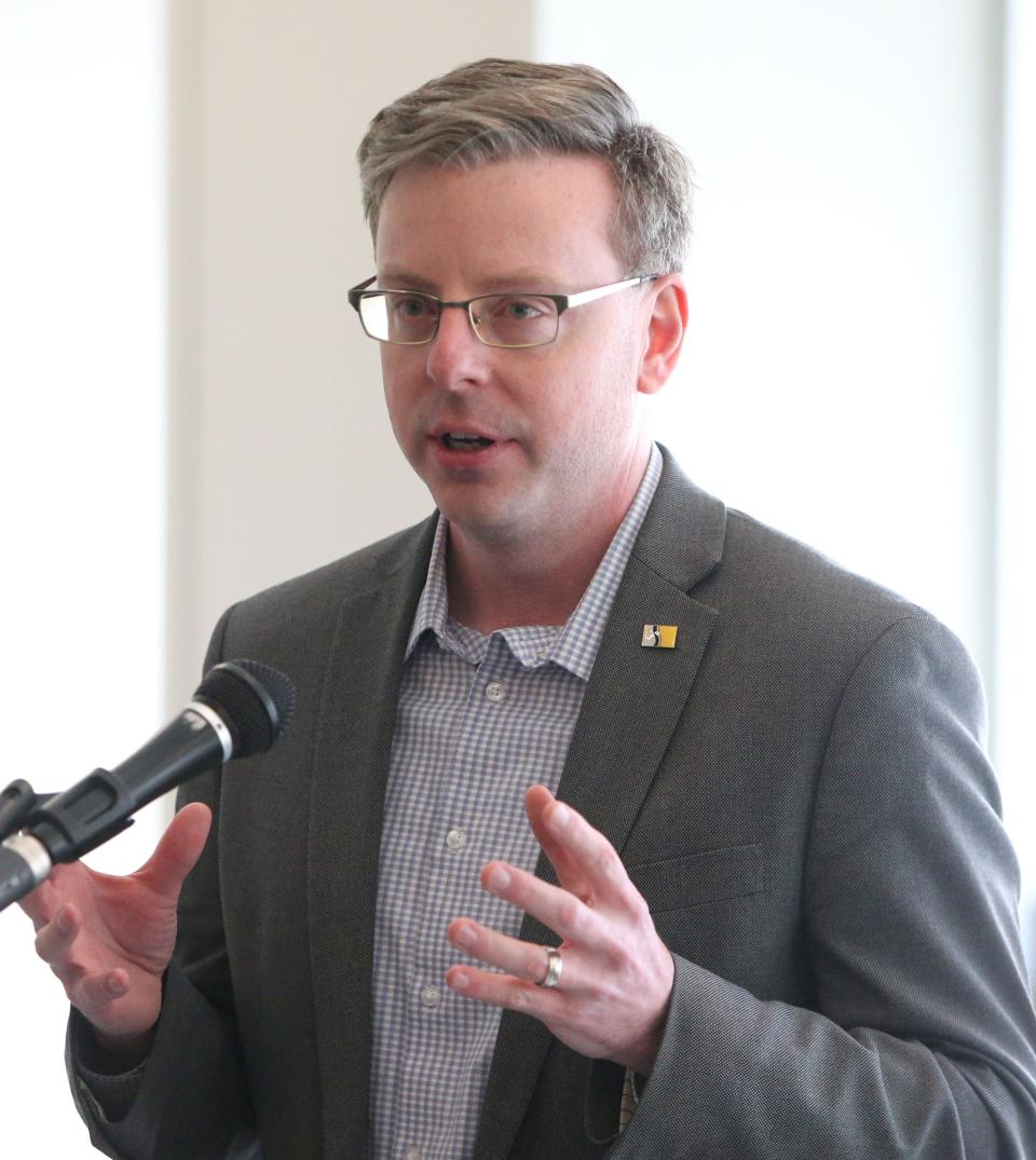 South Bend Mayor James Mueller speaks Thursday, Feb. 15, 2024, at the open house for the new Oaklawn Crisis Center in South Bend. The center will open to the public on March 4.