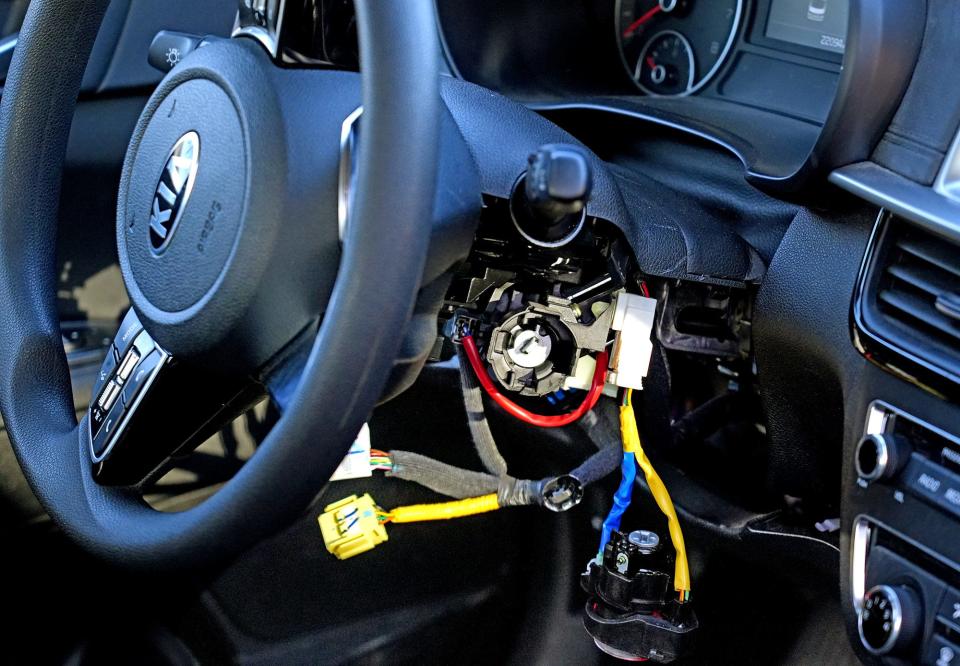 Steering columns are often stripped on Kia and Hyundai models stolen by young people, such as this one inside a Kia Soul at the Columbus Division of Police Impound Lot in 2022.