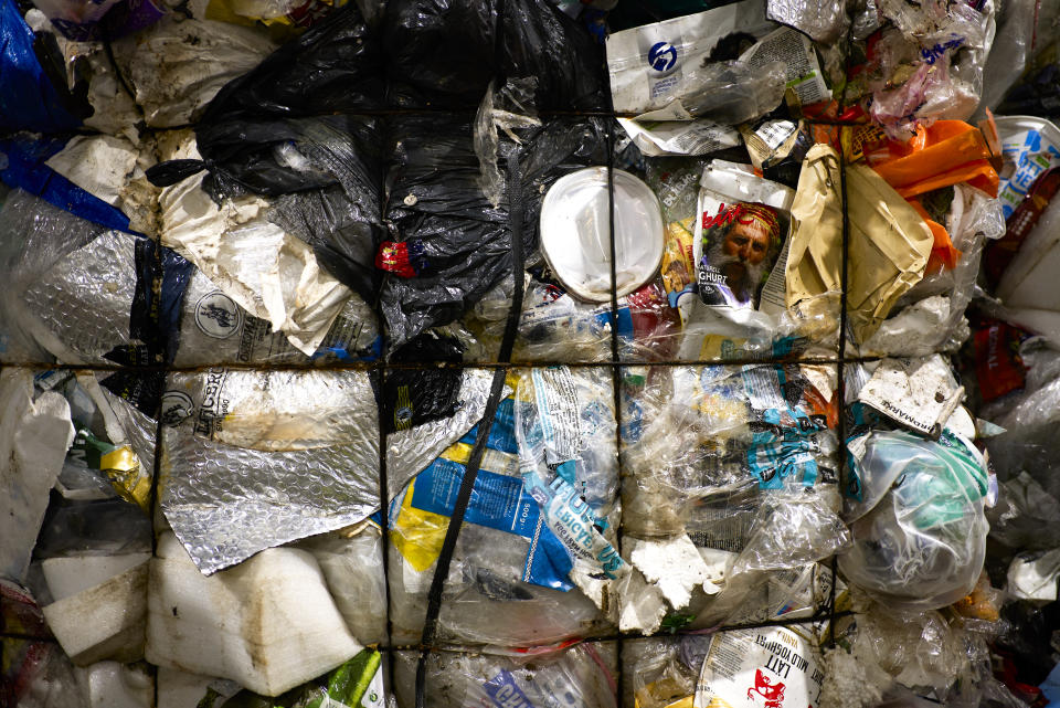 Plastic waste is stored in a new plastic waste sorting facility in Motala, central Sweden, Thursday, Nov. 9, 2023. Sweden launched a new state-of-the-art plastic sorting facility, the largest of its kind in the world, and big enough to receive all plastic packaging waste generated from Swedish households. (AP Photo/David Keyton)