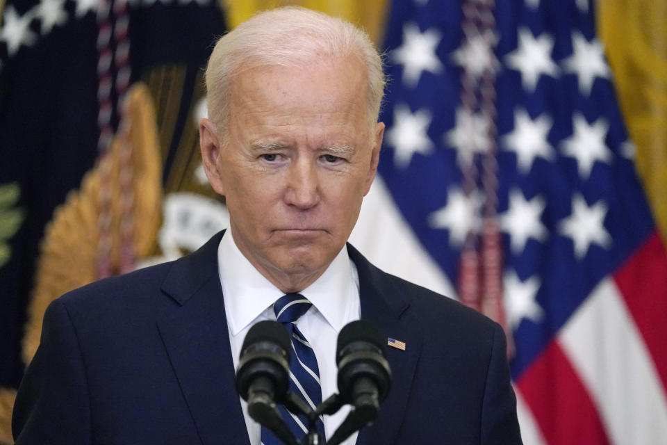 President Joe Biden listens to a question during a news conference in the East Room of the White House, Thursday, March 25, 2021, in Washington. (AP Photo/Evan Vucci)