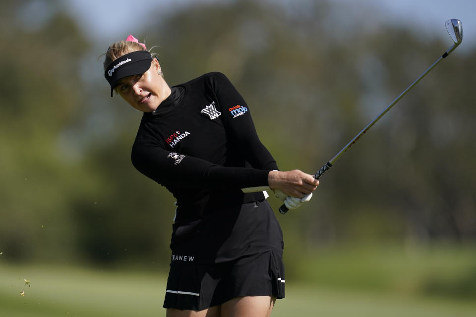 Charley Hull hits from the fourth fairway during the second round of the LPGA's Palos Verdes Championship golf tournament on Friday, April 29, 2022, in Palos Verdes Estates, Calif. (AP Photo/Ashley Landis)