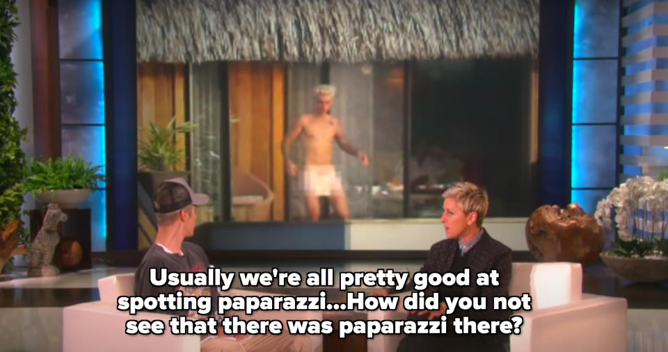 Ellen asking Justin Bieber, "Usually we're all pretty good at spotting paparazzi. ... How did you not see that there was paparazzi there?"