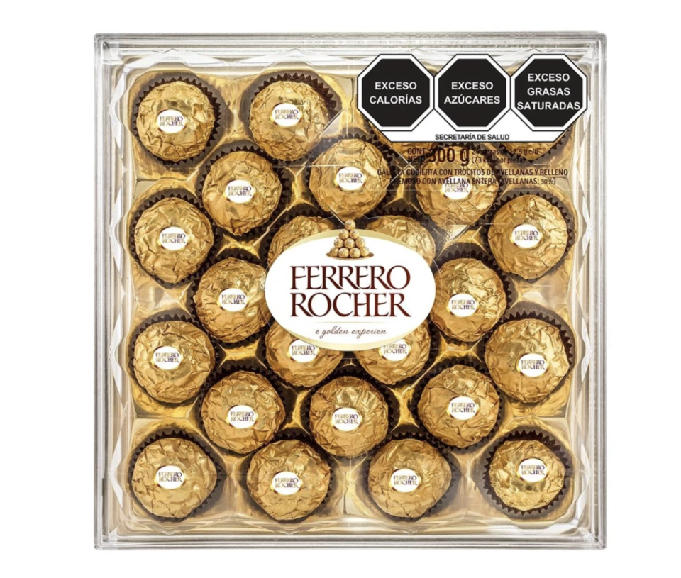 Chocolates Ferrero galleta cubierta con trocitos de avellanas y relleno cremoso 24 pzas. (Foto: Walmart)