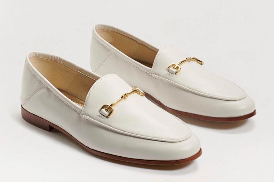 white loafers, loafers, driving shoes, gold, sam edelman