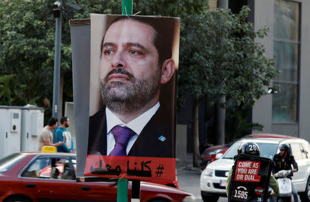 A poster depicting Saad al-Harir is seen in Beirut, Lebanon November 17, 2017. REUTERS/Jamal Saidi