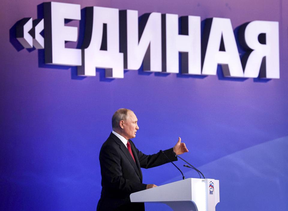 FILE - In this Aug. 24, 2021, file photo, Russian President Vladimir Putin speaks at the United Russia party congress with the words "United" in the background in Moscow, Russia. Russia is holding three days of voting for a new parliament that is unlikely to change the country’s political complexion. There’s no expectation that United Russia, the party devoted to Putin, will lose its dominance in the State Duma. (Grigory Sysoev/Sputnik, Kremlin/Pool Photo via AP, File)