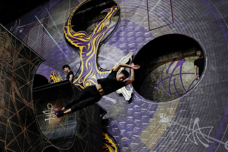 Performers train for the Cirque du Soleil "The Land of Fantasy" show in Hangzhou