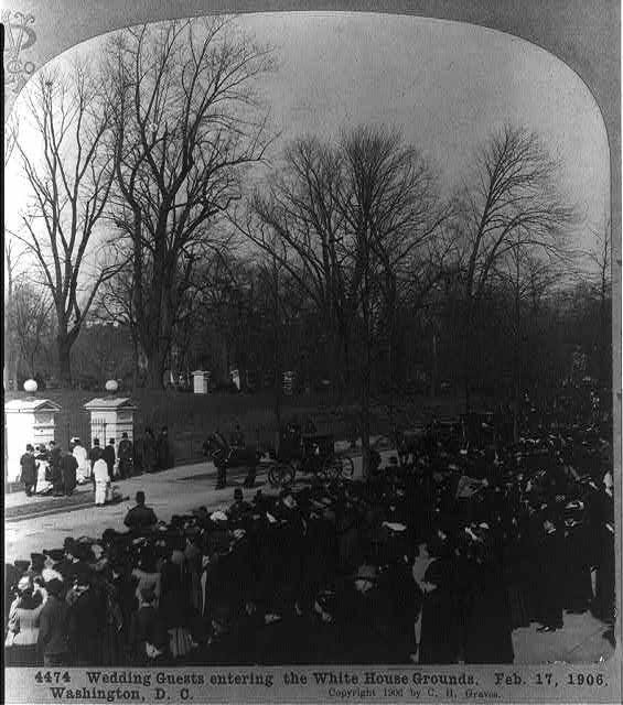 <p>Wedding guests entering the White House grounds for Alice and Nicholas's nuptials. </p>