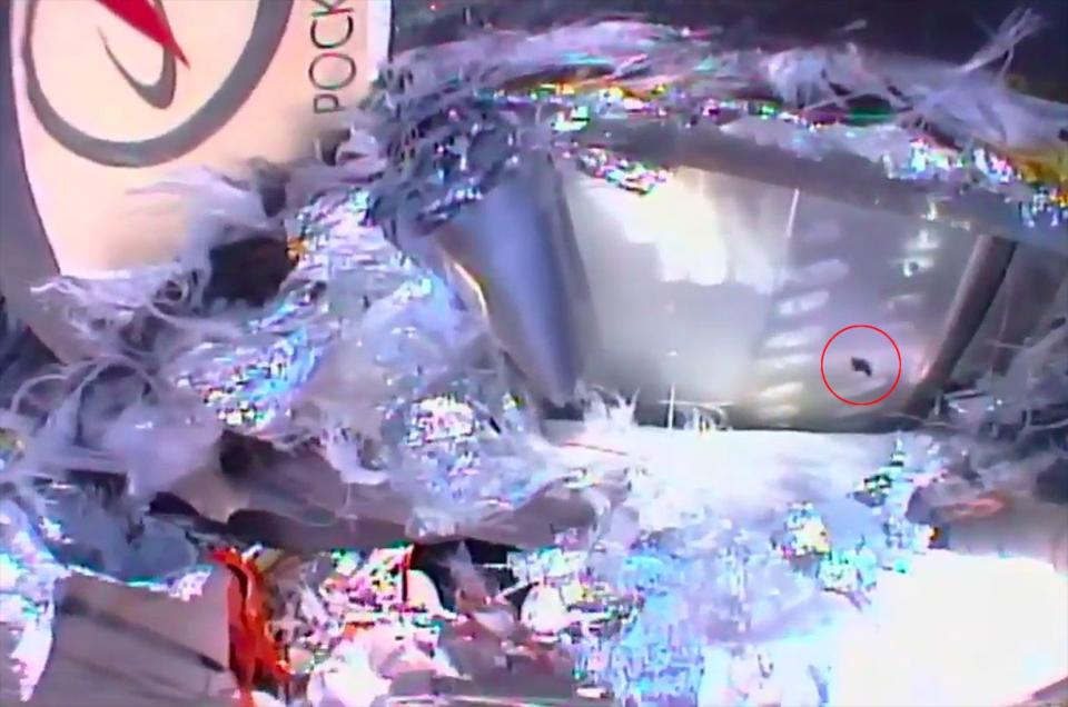 Circled in red, the hole in the Soyuz MS-09 spacecraft that corresponded to a pressure leak on the International Space Station in August 2018. The hole, which was patched from the inside the station, was exposed and inspected by Russian cosmonauts Oleg Kononenko and Sergey Prokopyev, both Expedition 57 flight engineers, during a Dec. 11, 2018 spacewalk. <cite>NASA TV</cite>