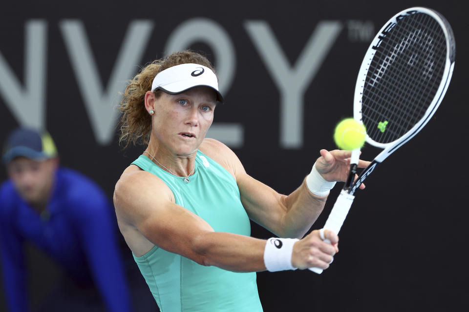 Samantha Stosur of Australia plays a shot during her match against Madison Keys of the United States at the Brisbane International tennis tournament in Brisbane, Australia, Wednesday, Jan. 8, 2020. (AP Photo/Tertius Pickard)