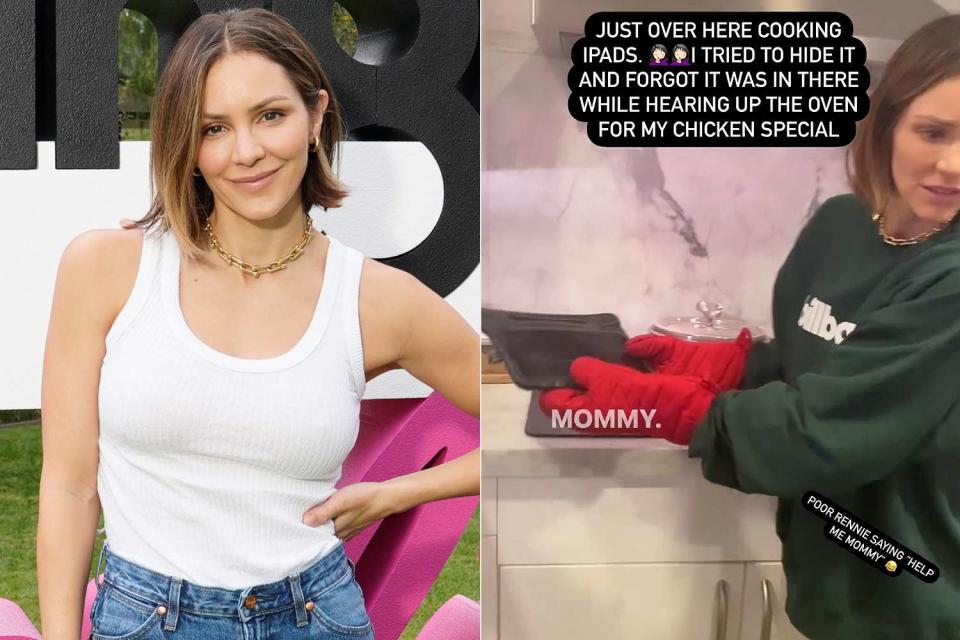 <p>Presley Ann/Getty; Katharine McPhee Foster/ Instagram</p> Katharine McPhee Foster (L), Katharine McPhee Foster pulling son