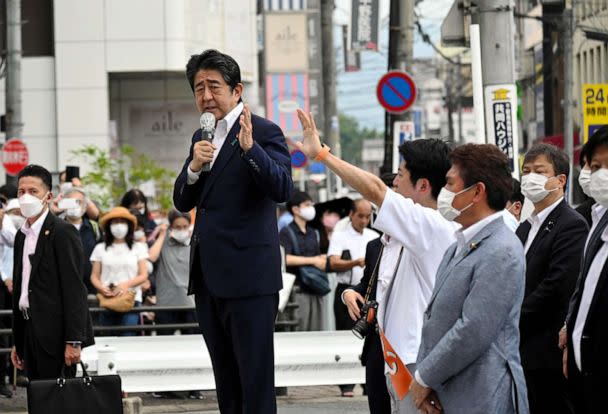 PHOTO: Former Japanese prime minister Shinzo Abe makes a speech before he was shot from behind by a man in Nara, western Japan on July 8, 2022. (Theâ Asahiâ Shimbun/via Reuters)