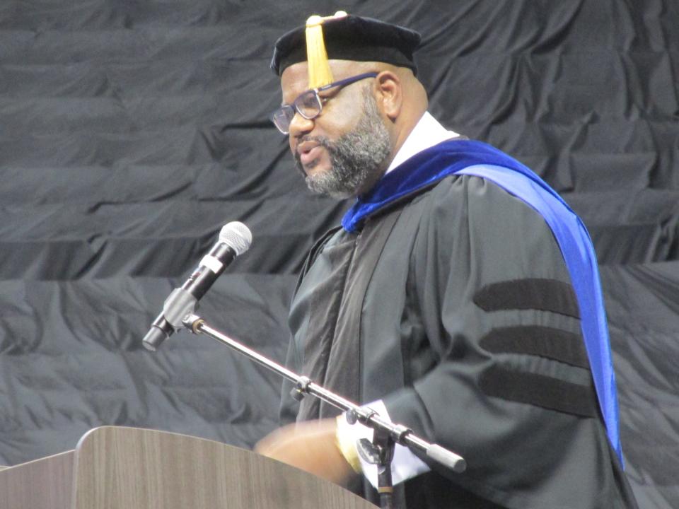 Nicholas Perkins, a 2003 Fayetteville State University graduate, addresses the Class of 2022 on Saturday, May 7, 2022, at Crown Coliseum.