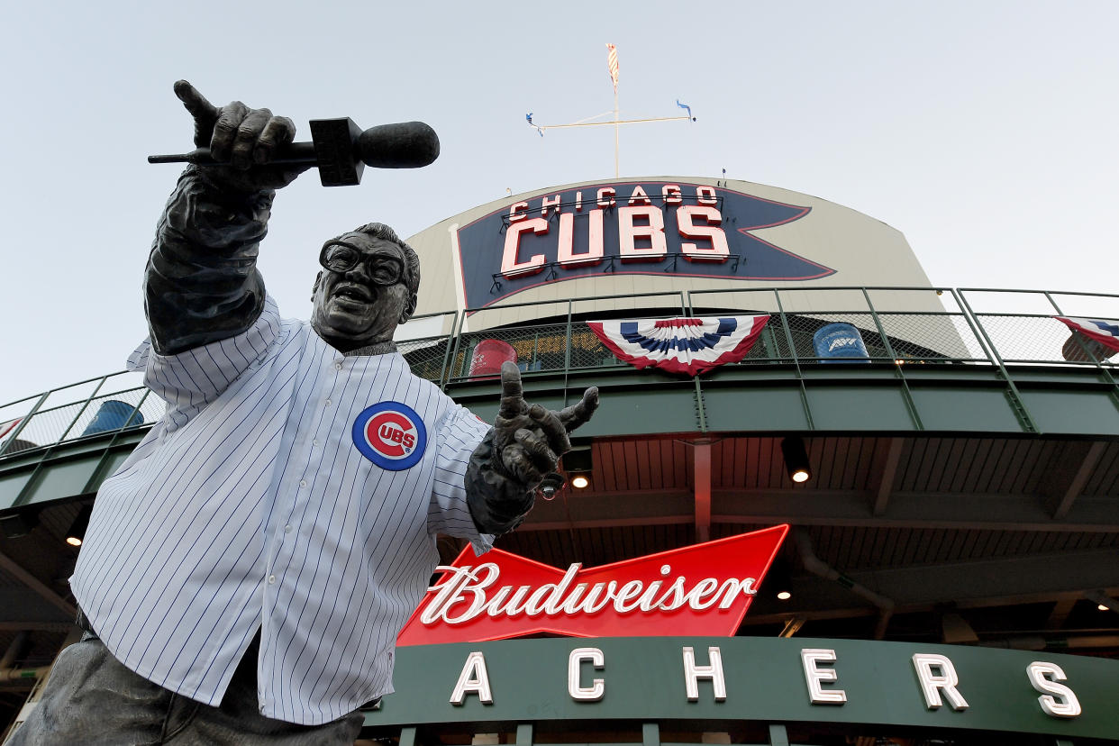 CHICAGO, IL - OCTOBER 17:  A general view of the Harry Caray statue before game three of the National League Championship Series between the Los Angeles Dodgers and the Chicago Cubs at Wrigley Field on October 17, 2017 in Chicago, Illinois.  (Photo by Stacy Revere/Getty Images)