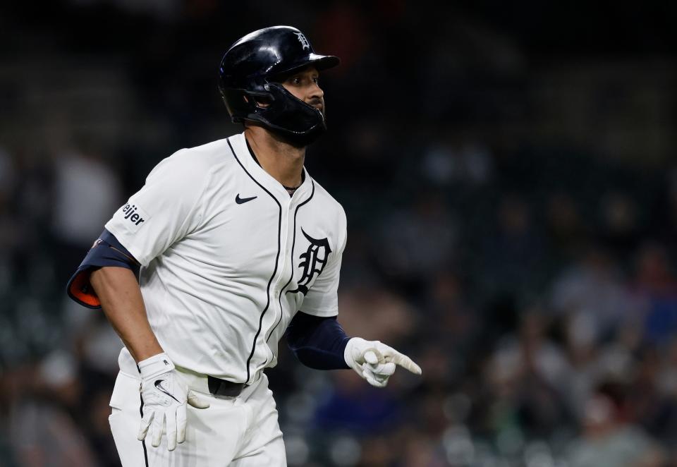 Tigers left fielder Riley Greene watches his home run during the seventh inning of the Tigers' 11-6 win in Game 2 of the doubleheader on Tuesday, April 30, 2024, at Comerica Park.