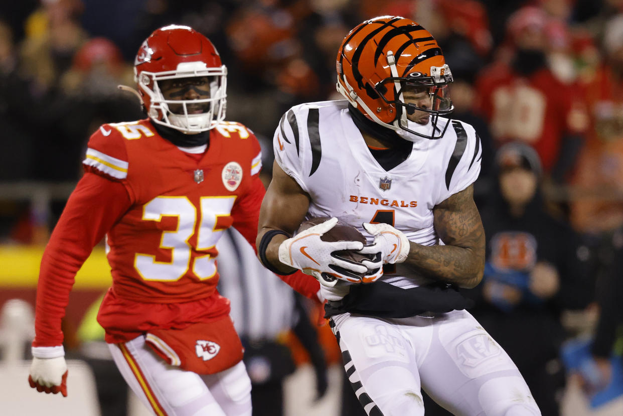 Ja'Marr Chase of the Cincinnati Bengals had a highlight play in the fourth quarter of the AFC championship game. (Photo by David Eulitt/Getty Images)