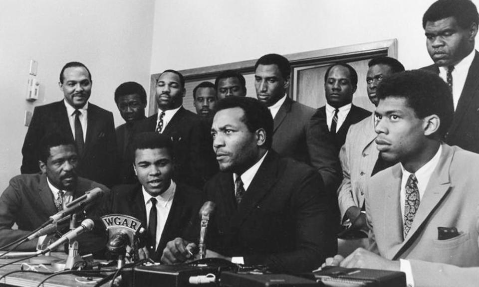 Kareem Abdul-Jabbar (far right), meets with other black athletes, including Muhammad Ali and Jim Brown to discuss, to discuss the Vietnam War in 1968