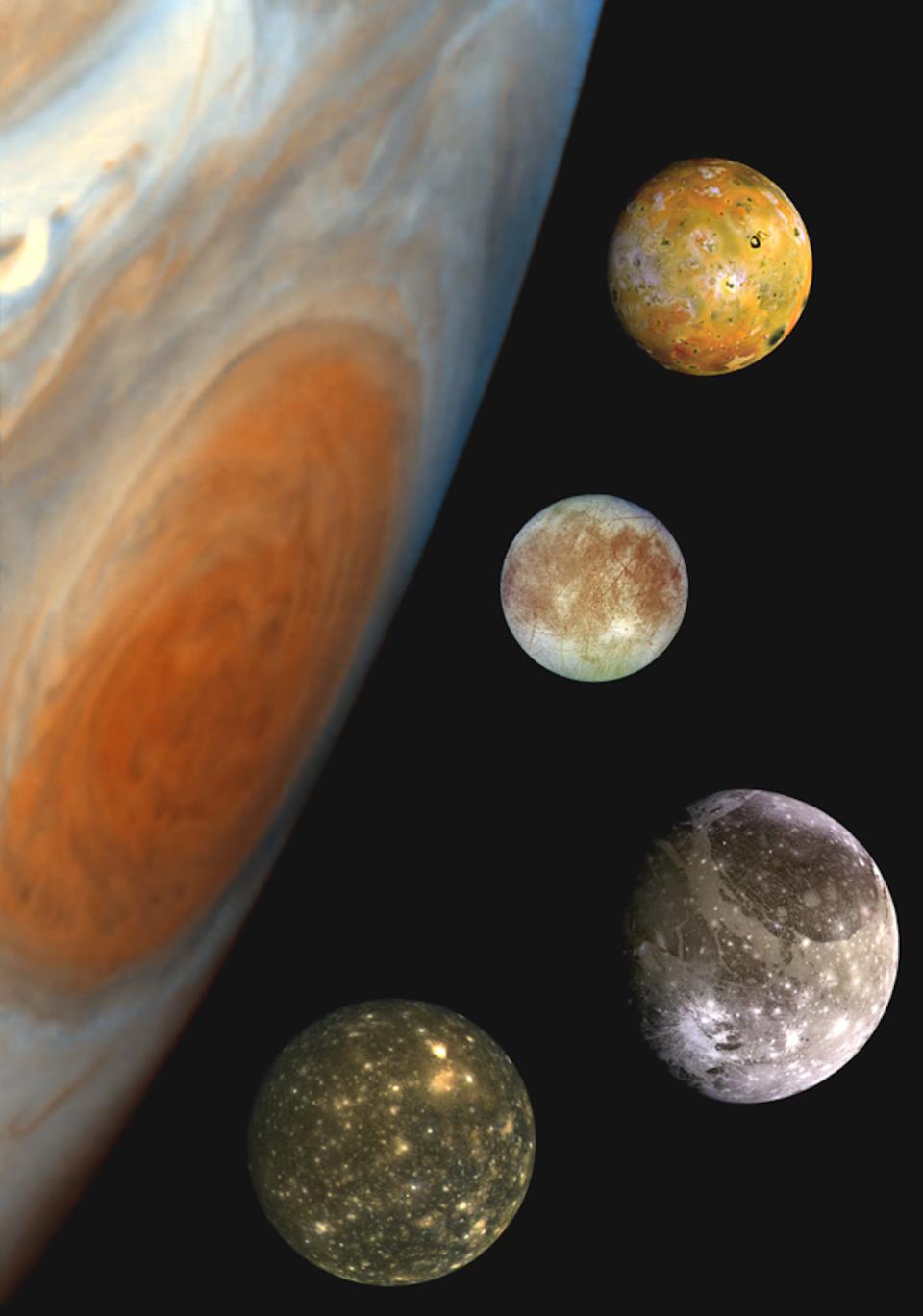 Júpiter y sus cuatro satélites mayores a escala. <a href="https://www.esa.int/Science_Exploration/Space_Science/Juice_factsheet" rel="nofollow noopener" target="_blank" data-ylk="slk:NASA/JPL/DLR;elm:context_link;itc:0;sec:content-canvas" class="link ">NASA/JPL/DLR</a>, <a href="http://creativecommons.org/licenses/by/4.0/" rel="nofollow noopener" target="_blank" data-ylk="slk:CC BY;elm:context_link;itc:0;sec:content-canvas" class="link ">CC BY</a>
