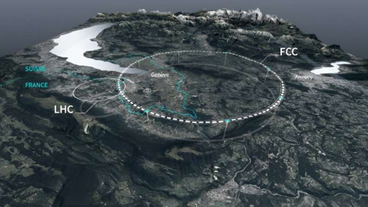  A illustration shows how the Future Circular Collider will dwarf the Large Hadron Collider. 