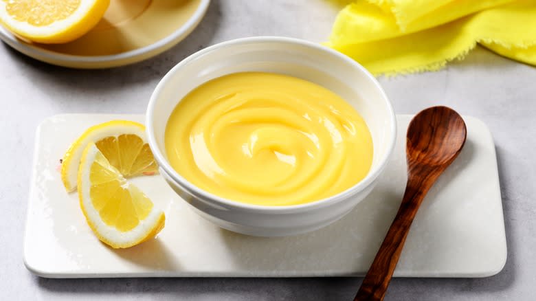 lemon pudding in a white bowl