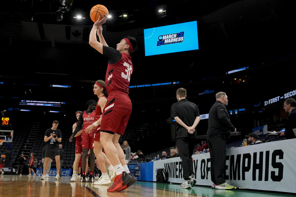 Nebraska guard Keisei Tominaga practices for the team's first-round college basketball game in the NCAA Tournament, Thursday, March 21, 2024, in Memphis, Tenn. (AP Photo/George Walker IV)