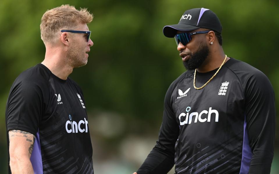 Andrew Flintoff and Kieron Pollard during a net session in Bridgetown, Barbados