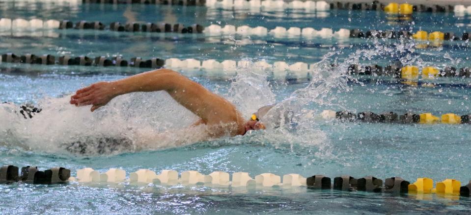 Cullin Cole of Horseheads swims to first place in the 100-yard freestyle in 46.68 seconds at the Section 4 Class A boys swimming and diving championships Feb. 18, 2023 at Watkins Glen High School.