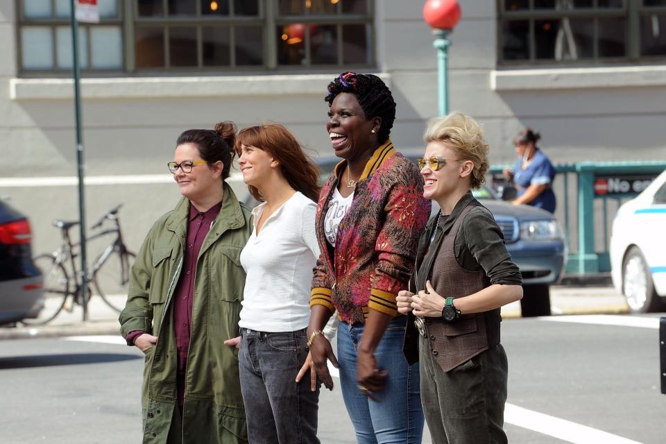 Kristen Wiig, Kate McKinnon, Melissa McCarthy and Leslie Jones on the set of 'Ghostbusters' on September 19, 2015, in New York City. 