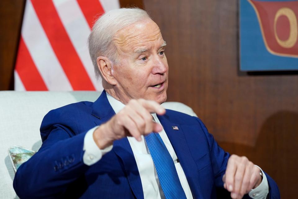 President Joe Biden speaks as he meets with Canada's Gov. Gen. Mary Simon and her husband Whit Fraser at Ottawa International Airport, Thursday, March 23, 2023, in Ottawa, Canada. (AP Photo/Andrew Harnik) ORG XMIT: CANH411