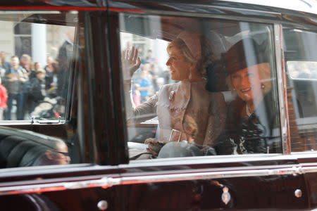 Queen Maxima of the Netherlands, leaves with Britain's Camilla Duchess of Cornwall, after an official welcome at the Dutch Ambassador's Residence at the start of a state visit by King Willem-Alexander and Queen Maxima of the Netherlands, in London, Britain October 23, 2018. Tolga Akmen/Pool via REUTERS