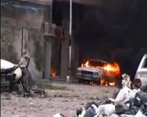 An image taken from a video uploaded on YouTube allegedly shows a vehicle that was destroyed as Syrian forces shelled the Qusur neighbourhood on April 5. AFP cannot independently verify this image. Syria on Sunday demanded guarantees that armed groups cease fire before withdrawing its troops from protest hubs as agreed with special envoy Kofi Annan, even as a UN truce deadline loomed