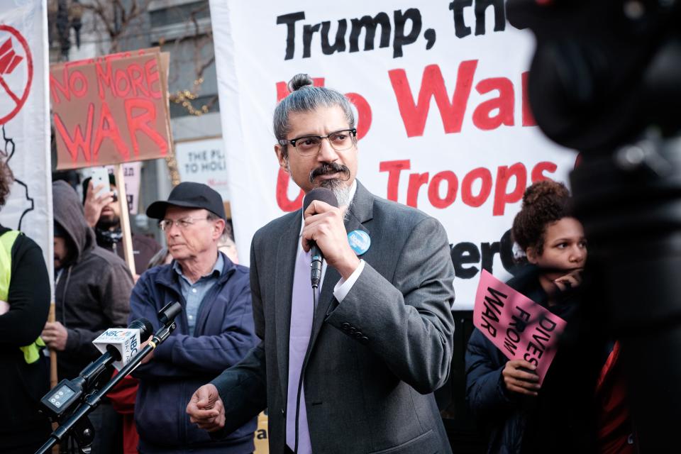 Shahid Buttar, who is running for Congress against fellow Democrat and House Speaker Nancy Pelosi, attends a No War With Iran protest in San Francisco in January. Buttar is a veteran of 20 years of street protests.