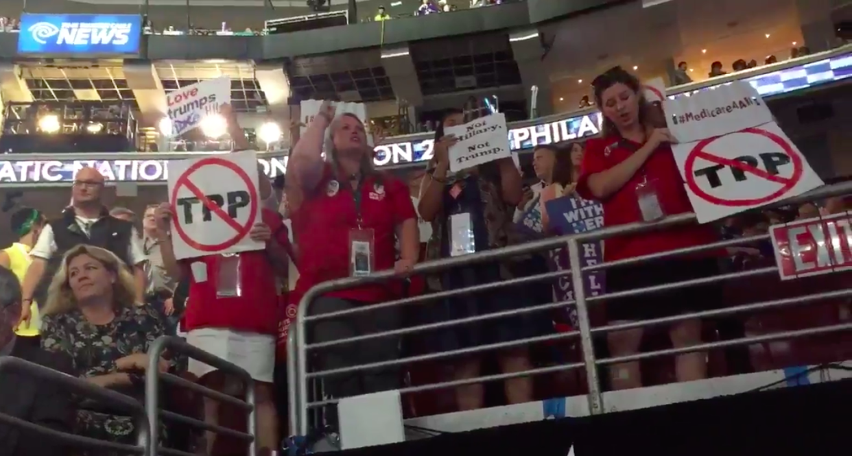 Supporters of Bernie Sanders chant at the Democratic National Convention on Tuesday, July 26, 2016. (Photo: Jon Ward/Yahoo News)