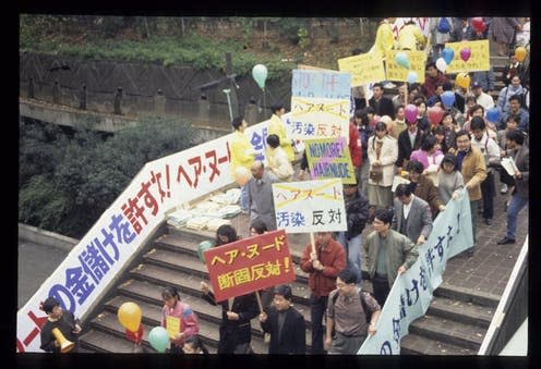 <span class="caption">"Stop the hair nudes!" A protest by Kofuku-no-Kagaku members against the showing of pubic hair in photographs displaying nudity.</span> <span class="attribution"><span class="source">Ella Tennant</span>, <span class="license">Author provided</span></span>