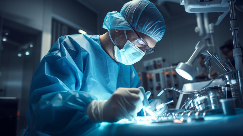 A medical professional working on a dental implant in an operating room.