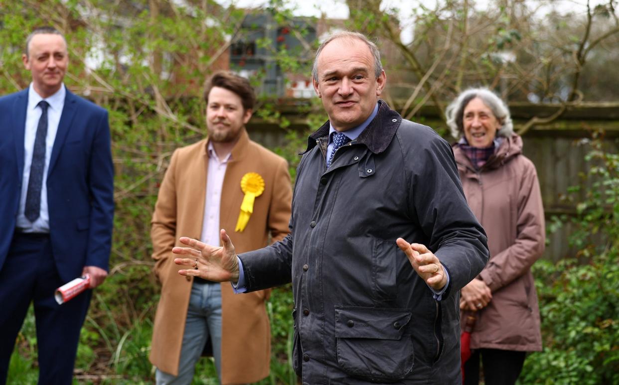 Sir Ed Davey, the leader of the Liberal Democrats, is pictured today during a campaign visit to Gloucester