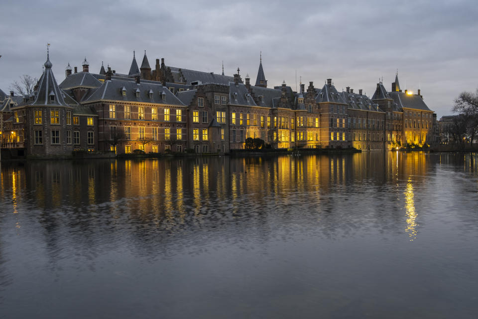 View of Binnenhof, the seat of the Dutch government in The Hague, Netherlands, Friday, Jan. 15, 2021, where the Cabinet was set to meet Friday amid strong speculation that Prime Minister Mark Rutte's government will resign to take political responsibility for a scandal involving child benefit investigations. (AP Photo/Mike Corder)