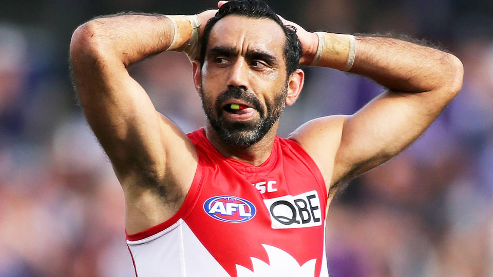 Adam Goodes in action for the Swans in 2015 - his final year before retiring.  (Photo by Paul Kane/Getty Images)