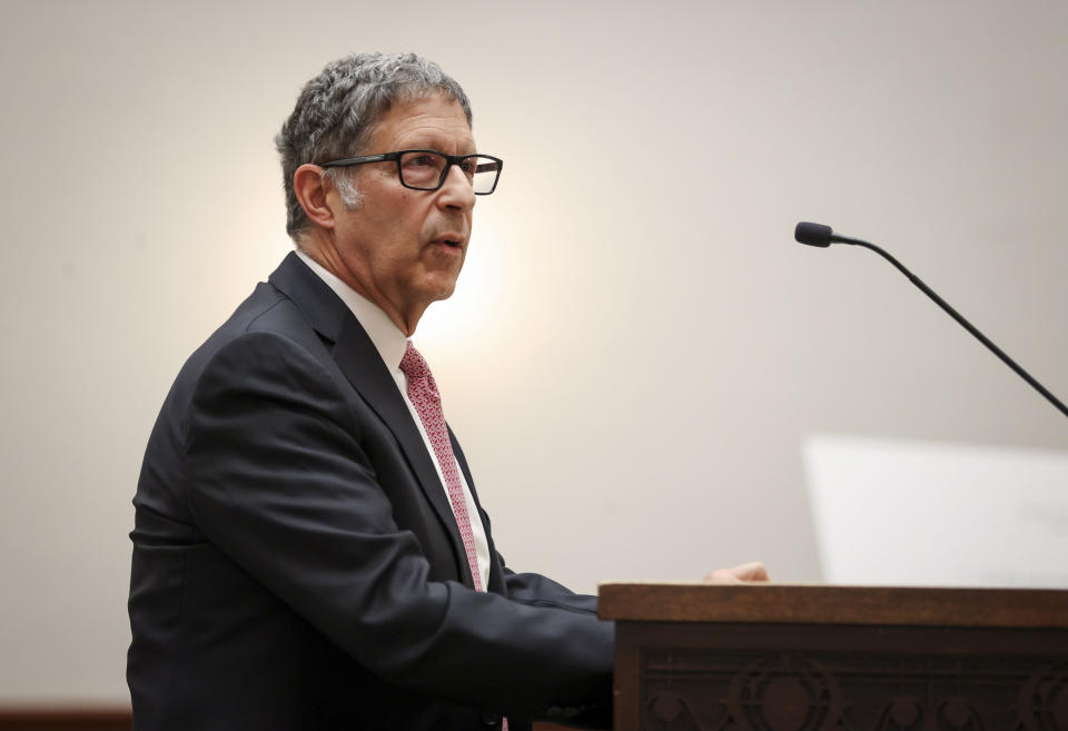 Attorney John DiLorenzo representing Republican Oregon senators makes his oral argument in front of the Oregon Supreme Court on Thursday, Dec. 14, 2023 in Salem, Ore. Republicans are challenging the implementation of Measure 113, an effort to put a stop to legislative walkouts. (Abigail Dollins/Statesman-Journal via AP, Pool)