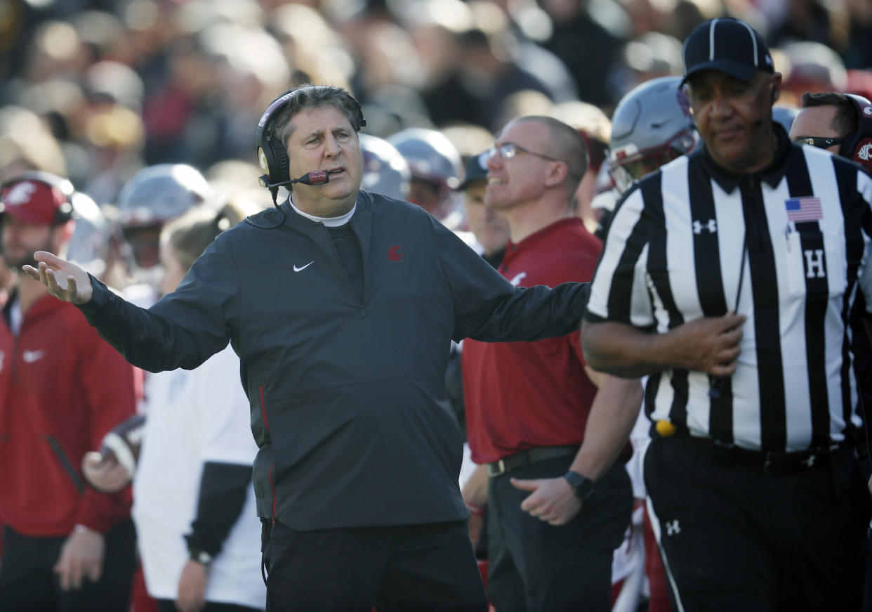 Washington State head coach Mike Leach’s team is No. 8 in the College Football Playoff rankings. (AP Photo/David Zalubowski)