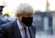 Britain's Prime Minister Boris Johnson arrives for a service to mark the 80th anniversary of the Battle of Britain at Westminster Abbey, London, Sunday, Sept. 20, 2020. (Aaron Chown/Pool Photo via AP)