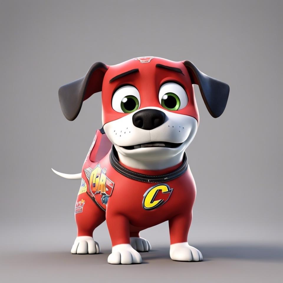 Animated character of a dog dressed as Lightning McQueen from Disney's "Cars," with a "C" emblem on his chest, standing and smiling