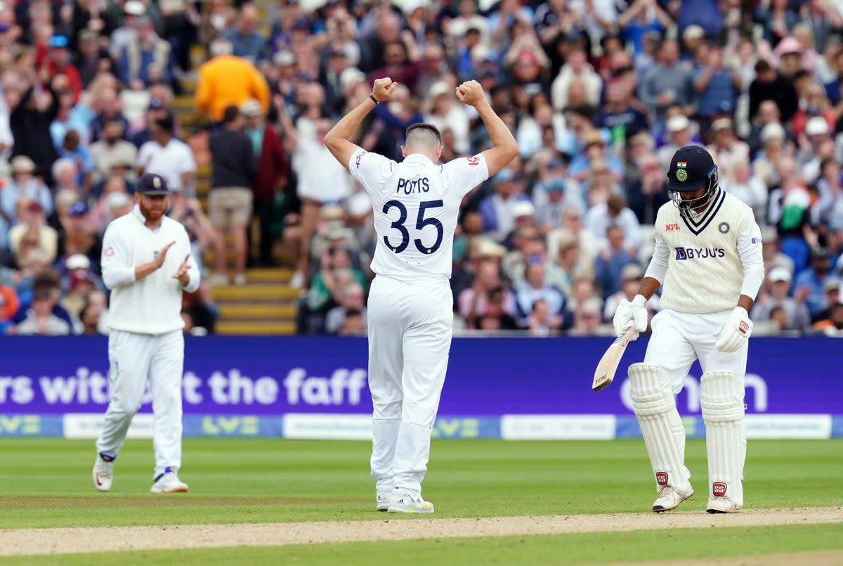 England’s Matthew Potts celebrates the wicket of India’s Shardul Thakur (PA) (PA Wire)