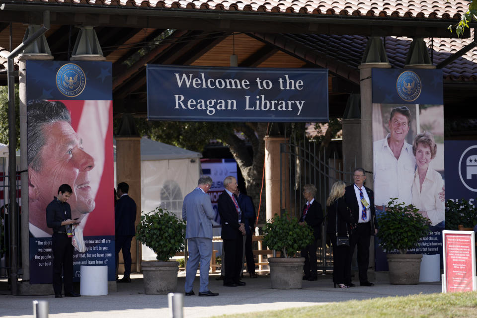 The entrance to the Ronald Reagan Presidential Library is decorated before a Republican presidential primary debate hosted by FOX Business Network and Univision, Wednesday, Sept. 27, 2023, in Simi Valley, Calif. (AP Photo/Marcio Jose Sanchez)