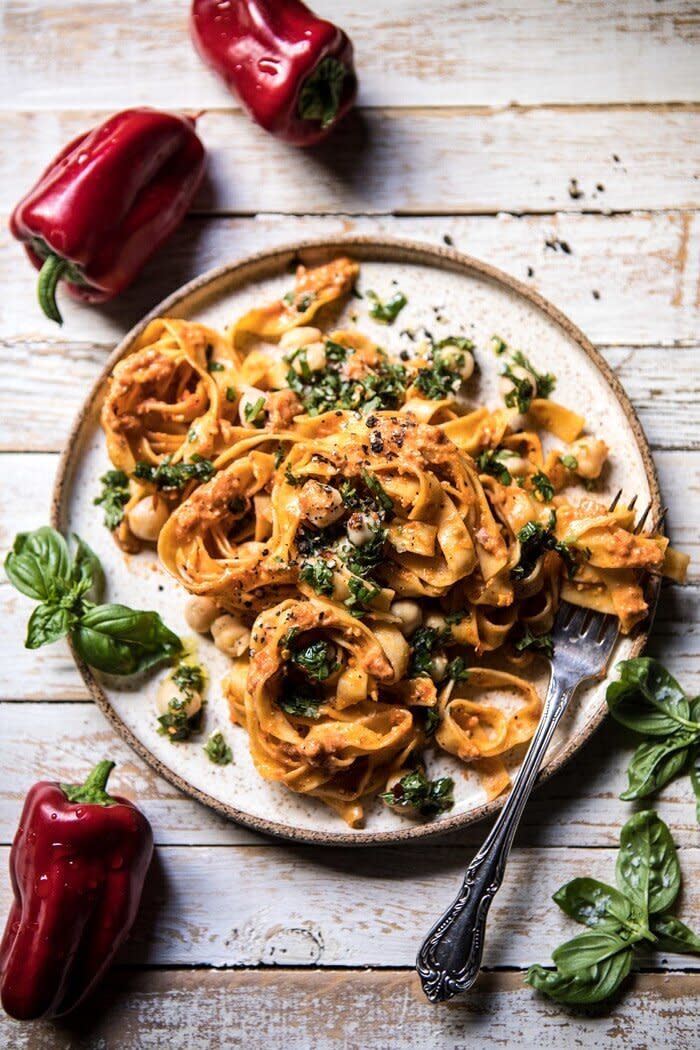 <strong><a href="https://www.halfbakedharvest.com/roasted-red-pepper-pasta/" target="_blank" rel="noopener noreferrer">Get the Roasted Red Pepper Pasta with White Beans and Basil recipe from Half Baked Harvest</a></strong>