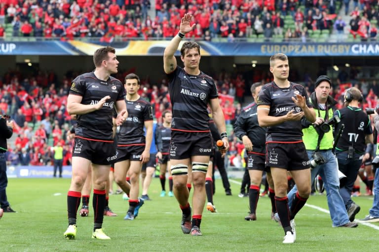 Saracens players celebrate victory on the final whistle on April 22, 2017