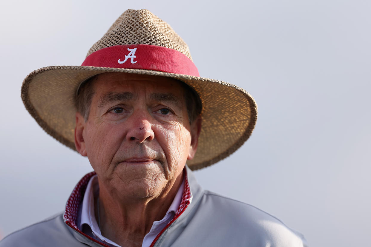 SCOTTSDALE, ARIZONA - FEBRUARY 07: Former college football head coach Nick Saban prepares to tee off during the Pro-am to the WM Phoenix Open at TPC Scottsdale on February 07, 2024 in Scottsdale, Arizona. (Photo by Christian Petersen/Getty Images)