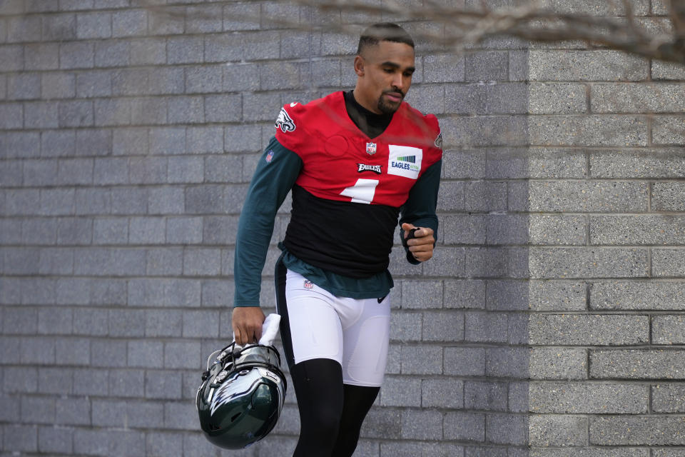 Philadelphia Eagles' Jalen Hurts jogs to practice at the NFL football team's training facility, Friday, Feb. 3, 2023, in Philadelphia. The Eagles are scheduled to play the Kansas City Chiefs in Super Bowl LVII on Sunday, Feb. 12, 2023. (AP Photo/Matt Slocum)